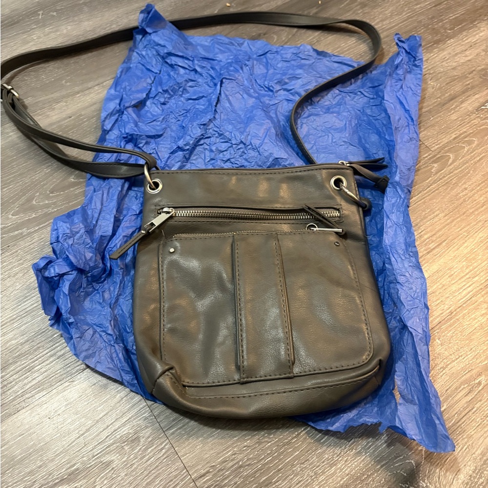 Everyday gray Leather Crossbody Bag with Front Pockets